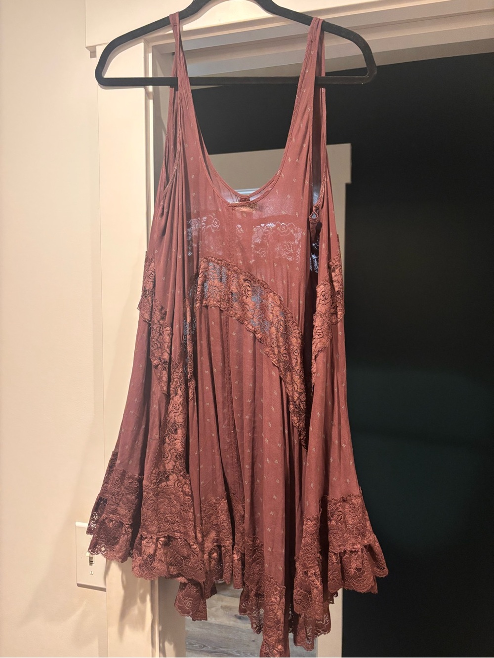 Free People Dusty Rose Lace-Trim Swing Mini Dress